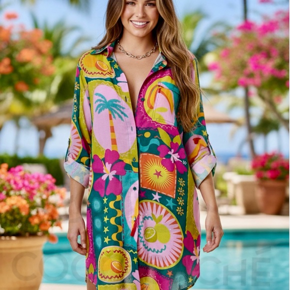 Other - Vibrant Tropical Multicolor Oversized Button Up Shirt Dress
